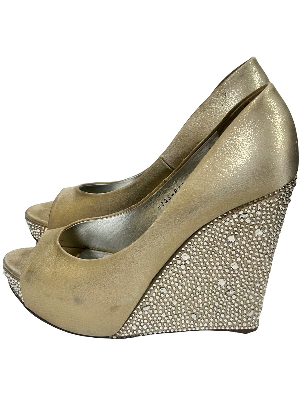 Gina Beige Satin Crystal Embellished Peep Toe Platform Wedge Pumps Size 7